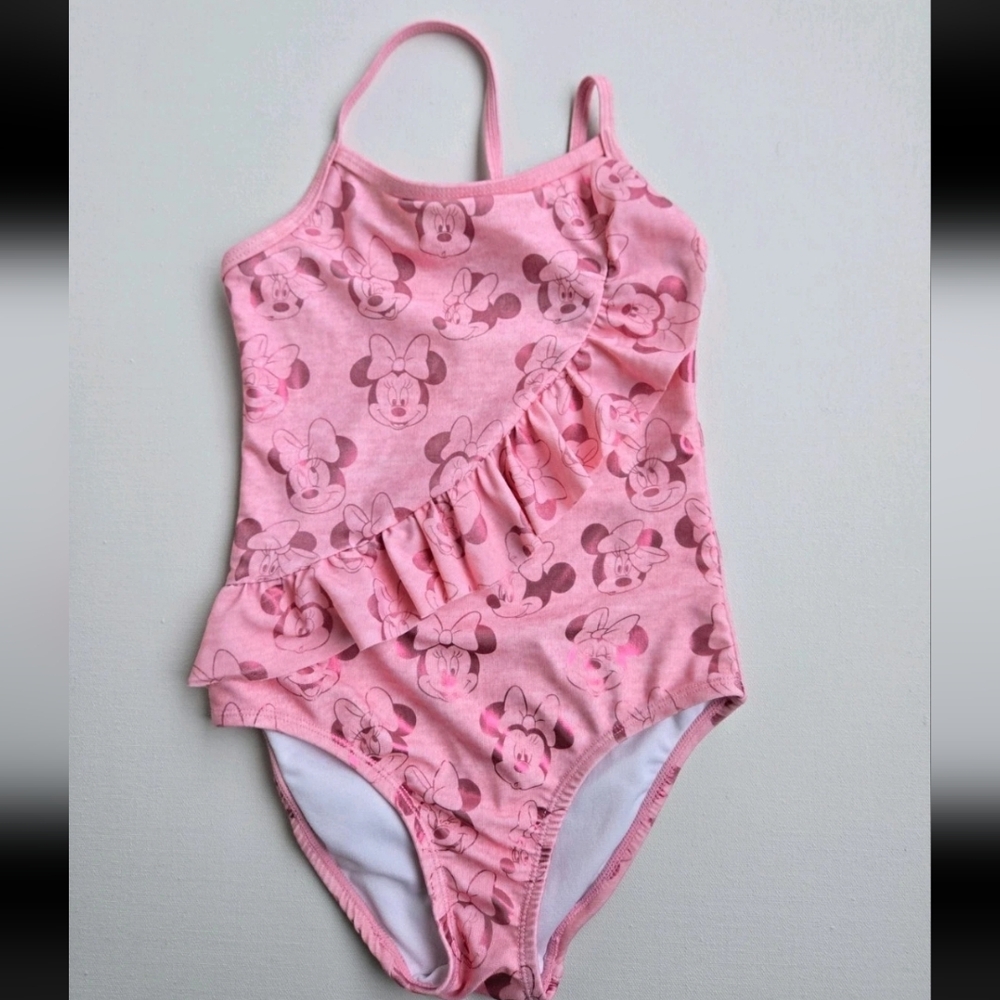 DISNEY Size 5-6 Girls Minnie Mouse Metallic Pattern 1-piece Pink Swimsuit